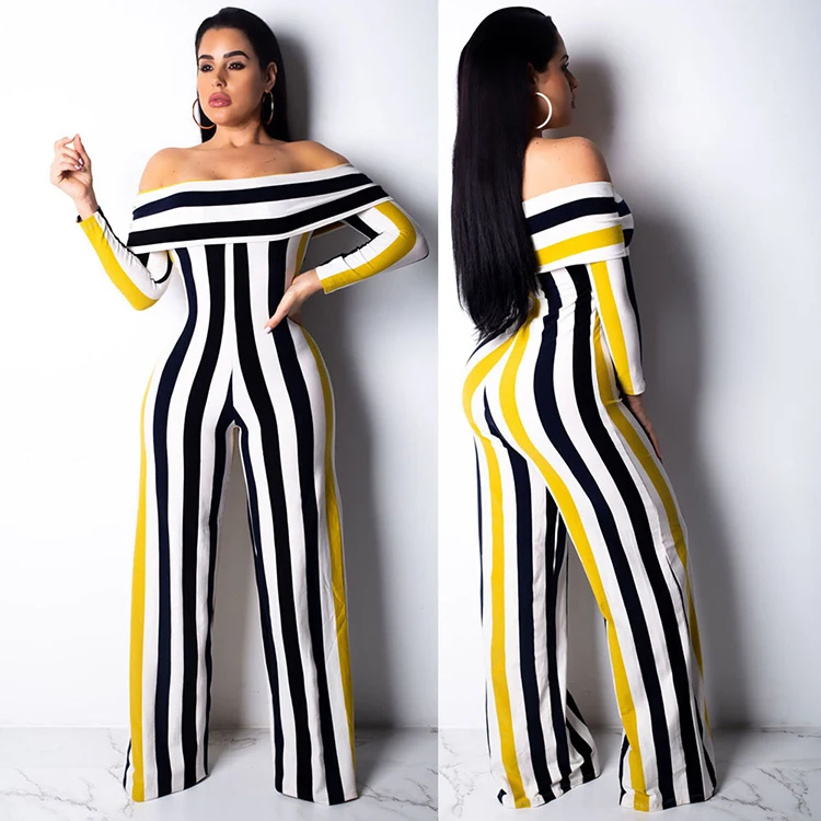 

High Quality Off Shoulder Ruffle Wholesale Stripe Jumpsuits Rompers, Shown