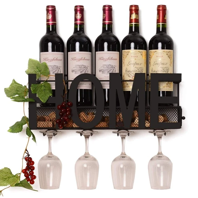 

Wall Mounted Metal Wine Glass Rack with Wine Cork Holder, Black