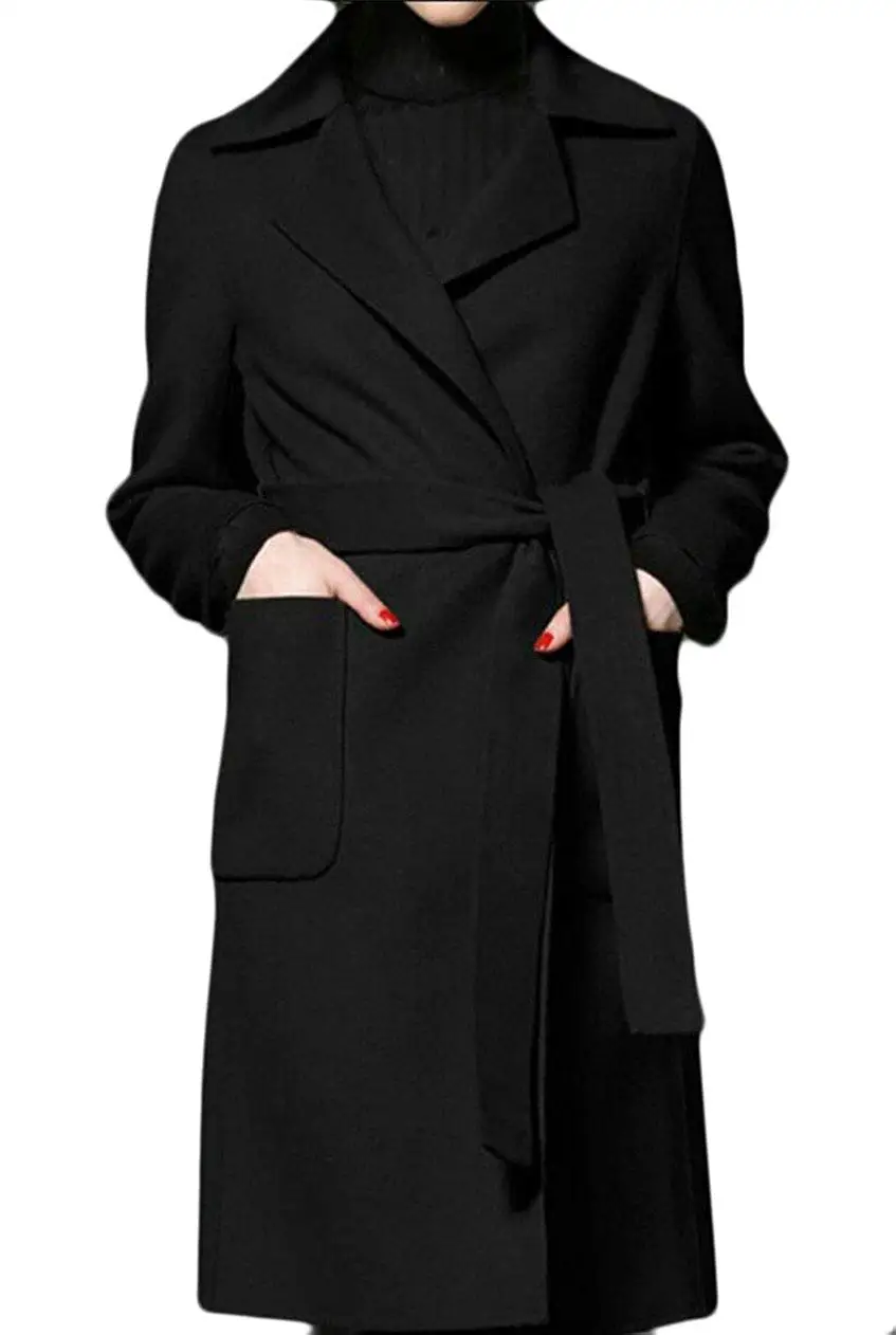 HTOOHTOOH Womens Casual Lapel Autumn Long Wool Coat Overcoat with Belted