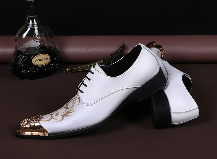 
NA045 Fashion Print Men Formal Shoes White Genuine Leather Metal Pointed Toe Dress Shoes Business Party Shoes Plus Size 
