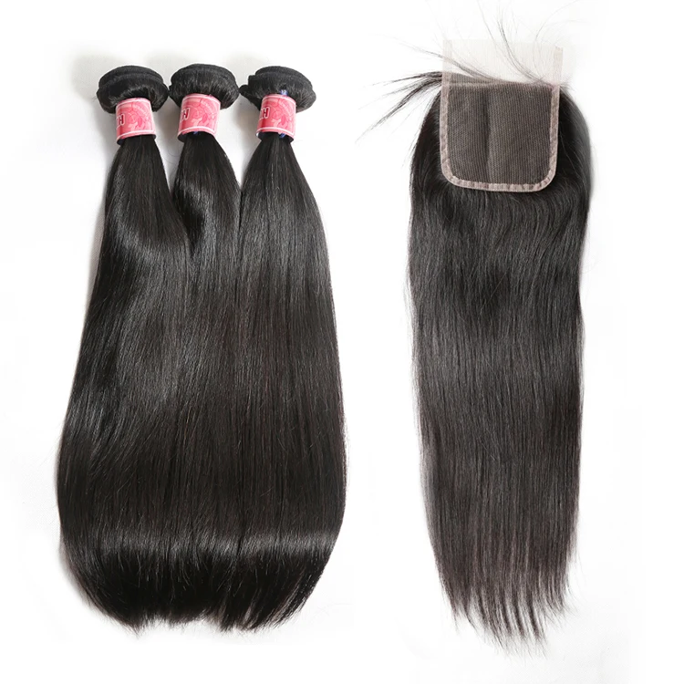 

Free Shipping Hair Bundles With Closure 2 3 4 Bundles Malaysian Straight Human Hair Bundles With Closure 4x4 Remy Hair Weave, Natural color