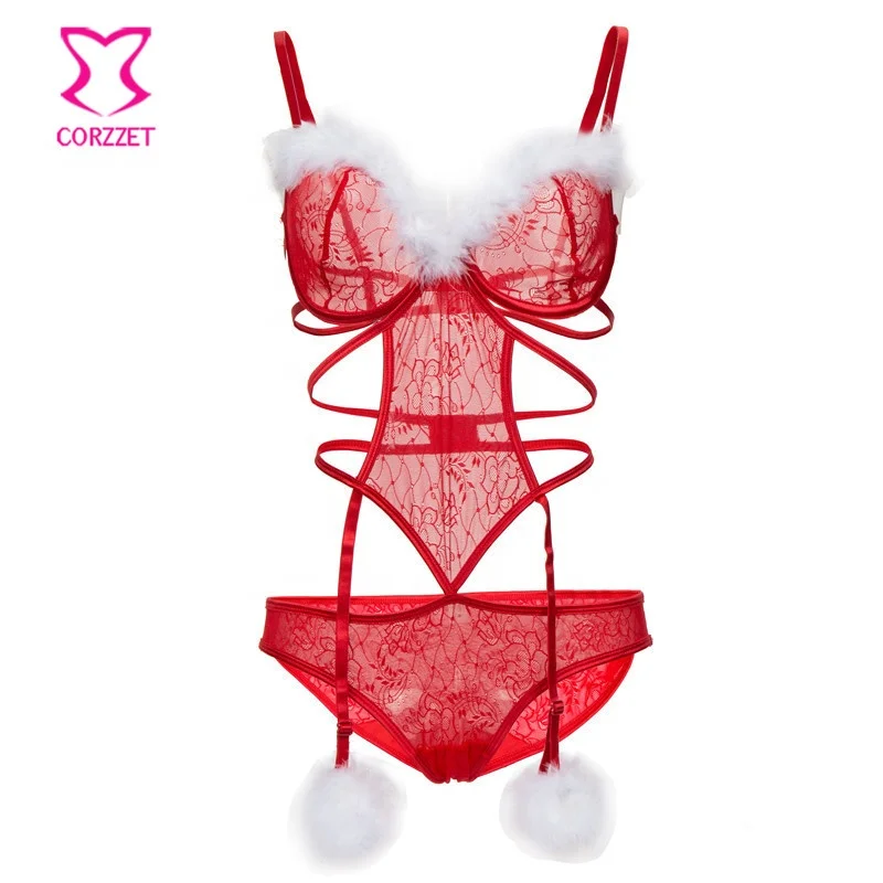 Corzzet Kerst Rode Plus Size Lingerie Set Met Witte Veer Cups & Garters