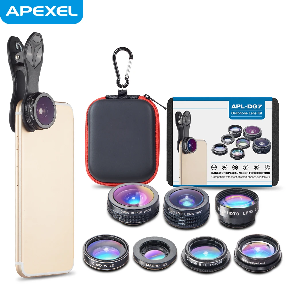 

APEXEL 7 in 1 Clip On Cell Phone Camera Lens Kit 0.36X Wide Angle + Macro + Fisheye + Telephoto + CPL + Kaleidoscope Camera Lens