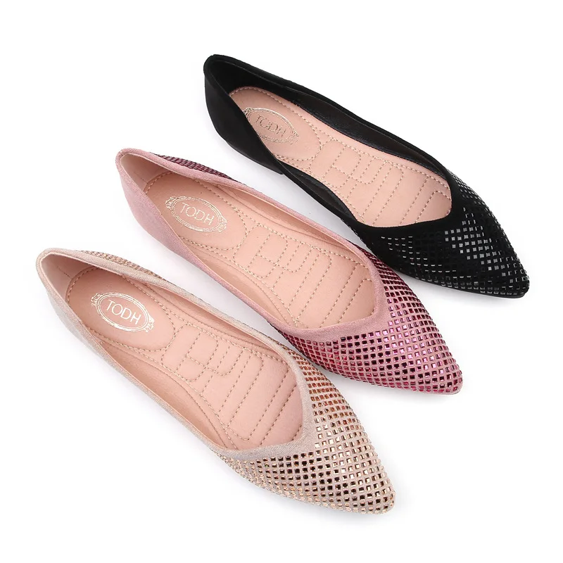 

Pointed suede single shoes female 2019 spring new Korean rhinestone flat shoes large size sweet beauty shoes, Black, pink, apricot