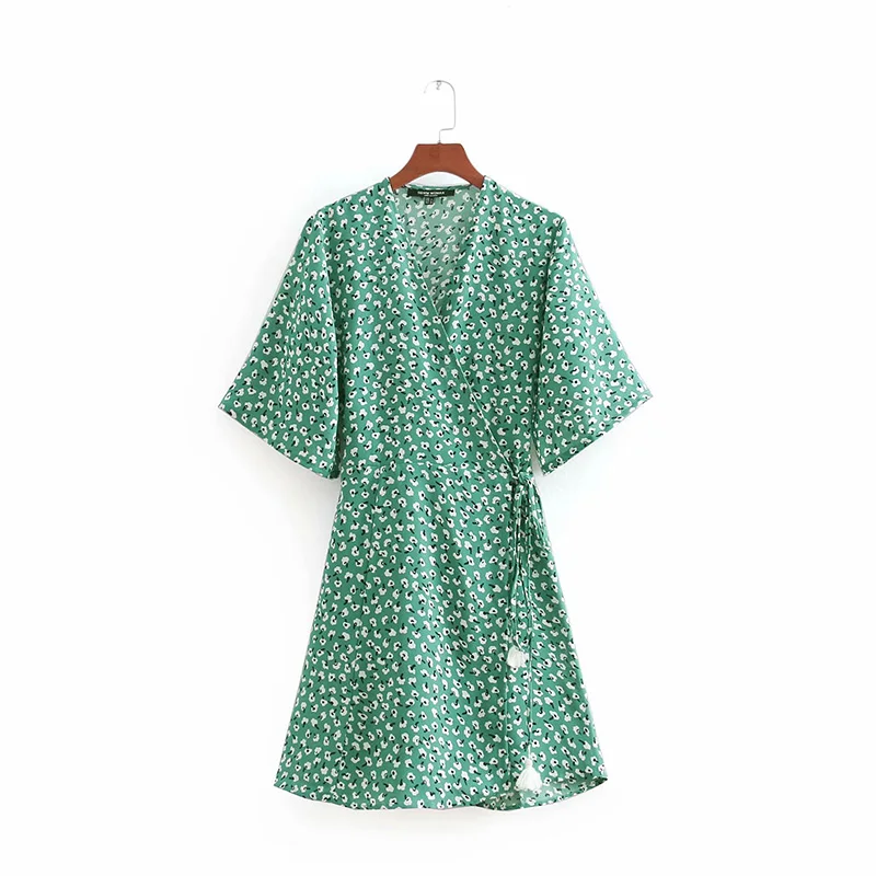 

Z52276D Ladies Fashion Short Green Floral Print Fringe Wrap Dress