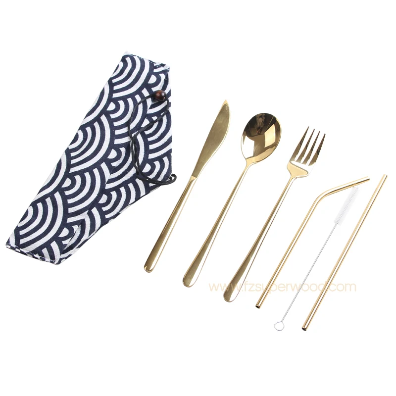 

Hot sell Reusable Portable gold Flatware Stainless Steel Cutlery Set