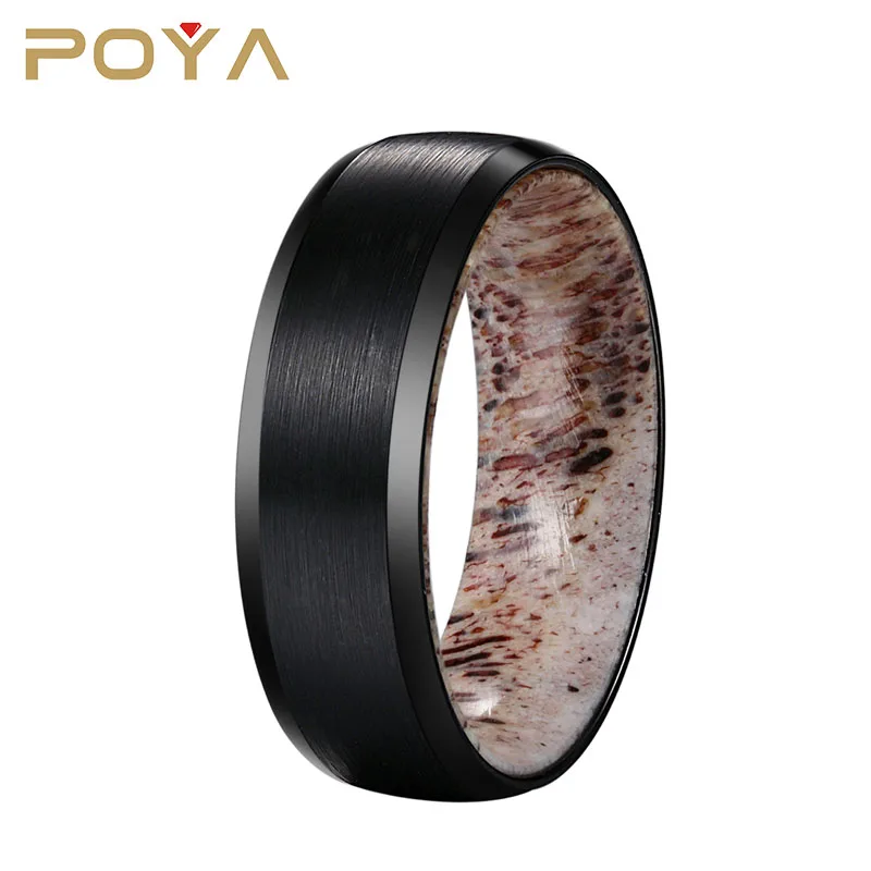 

POYA Jewelry 8mm Black Tungsten Hunting Ring Matte Finish Mens Wedding Band with Deer Antler Sleeve, N/a