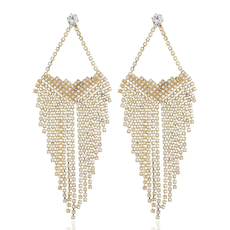 

Fashion Exaggerated Bohemian Shiny Rhinestone Crystal Tassel Silver party wear Chandelier Earrings For Women, As picture