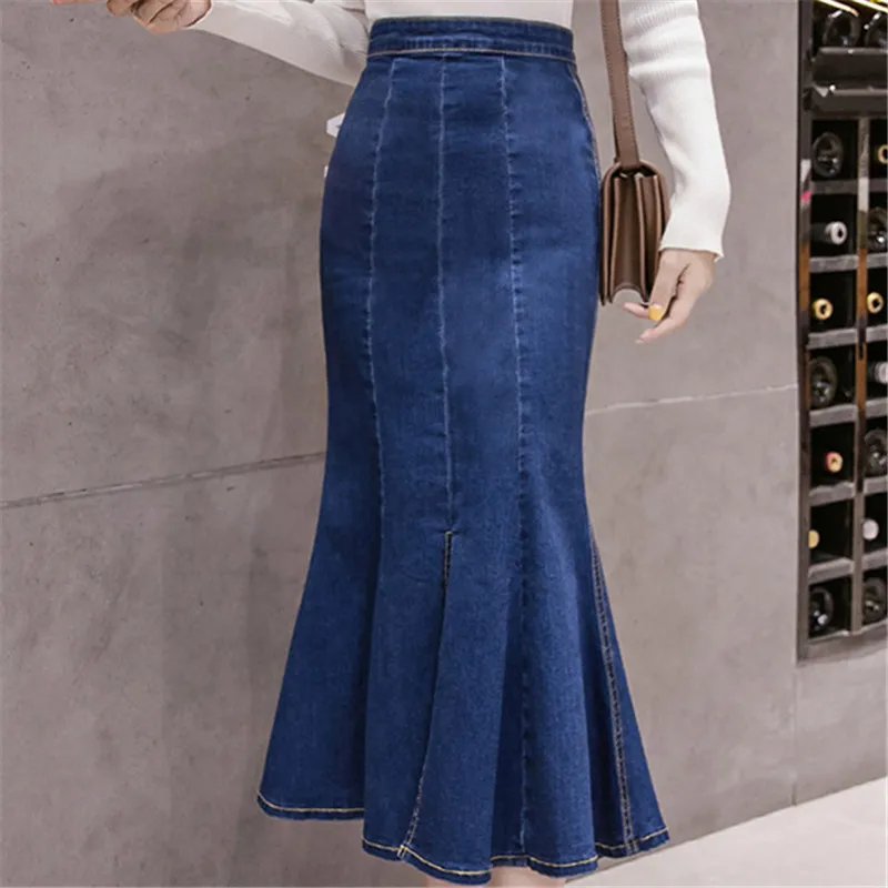 

2019 spring and autumn new high waist slim hem split fork wild bag hip long cowtail fishtail skirt