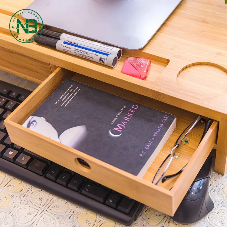 
Computer desktop organizer bamboo monitor stand riser with two drawers 