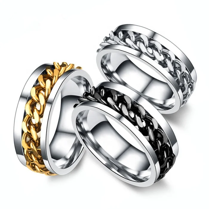 

Fashion wholesale 8mm width punk rock stainless steel black/silver/gold chain spinning ring for men, Silver/gold/black