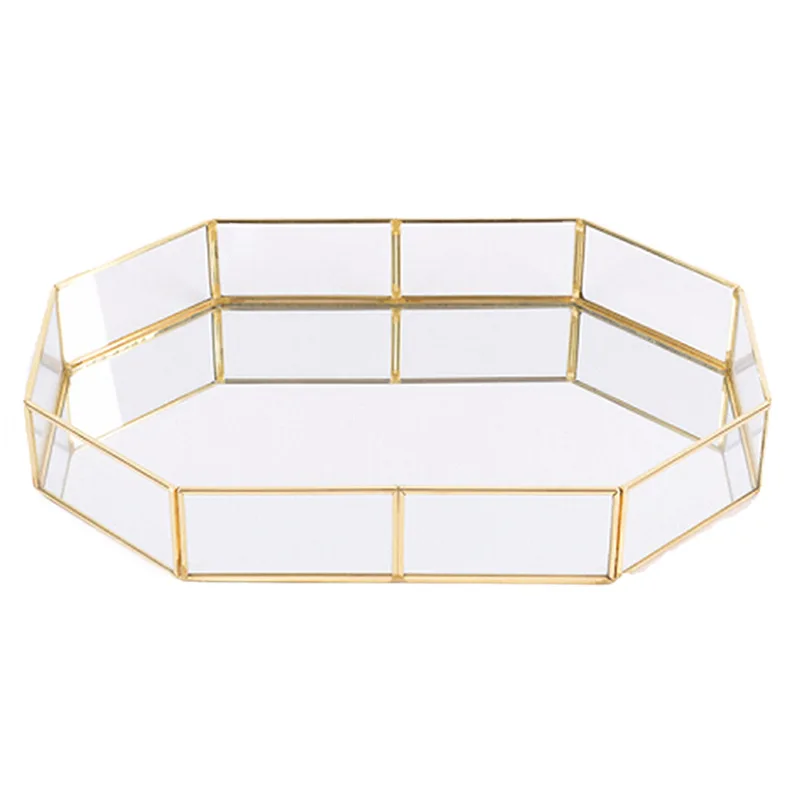metal Storage Tray Golden Polygon Glass Makeup Organizer Tray Dessert Snack Plate Jewelry Display Stand Home Kitchen Decor