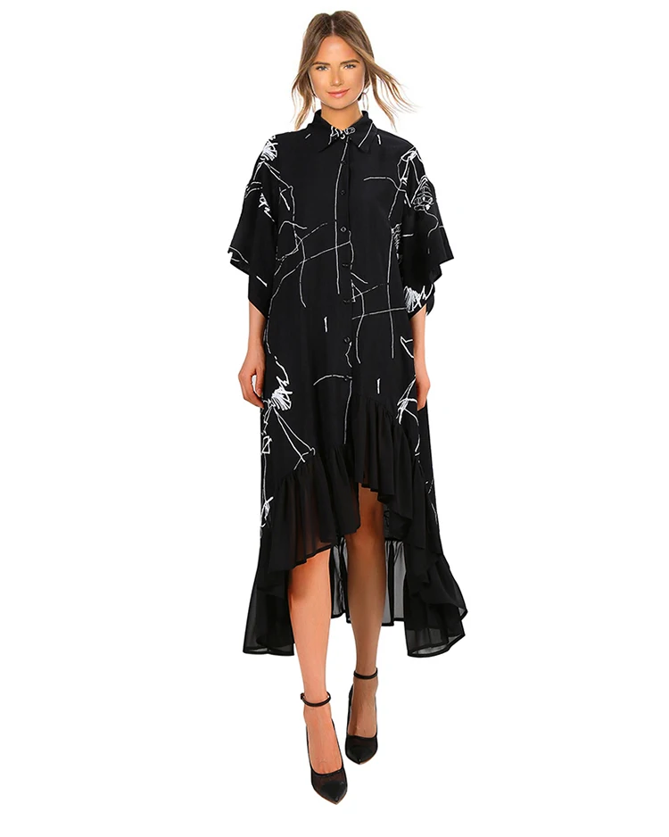 

2019 Women Summer Plus Size Long Black Casual Shirt Dress Ruffle Irregular Stripes Print Ladies Party Club Dress Robe Femme
