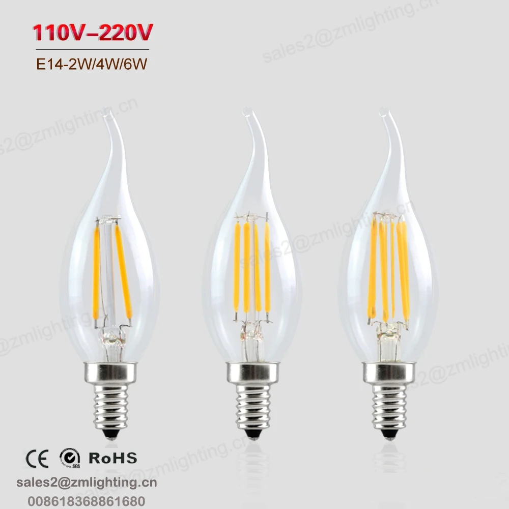 2700k warm white E12 E14 dimmable 60W Equivalent 6 watt led edison chandelier light bulb