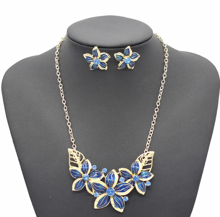 

New european american korea crystal flower stud earring and necklace jewellery sets for women, Colorful