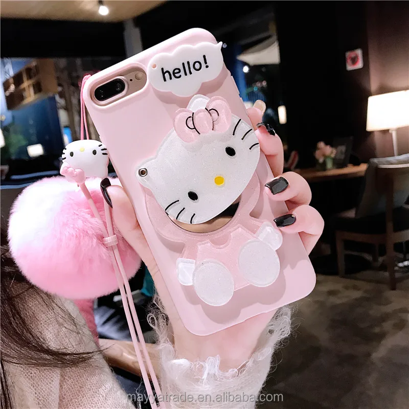 3D Kitty Mirror Phone Case Cute Silicone Fuzzy Fur Case Cover for iPhone 8 8Plus XS XR XSmax