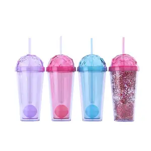 Image of 400ml Double Wall Cold Ice Tea Coffee Bubble Mug Lid and straw insulated freezable plastic tumbler