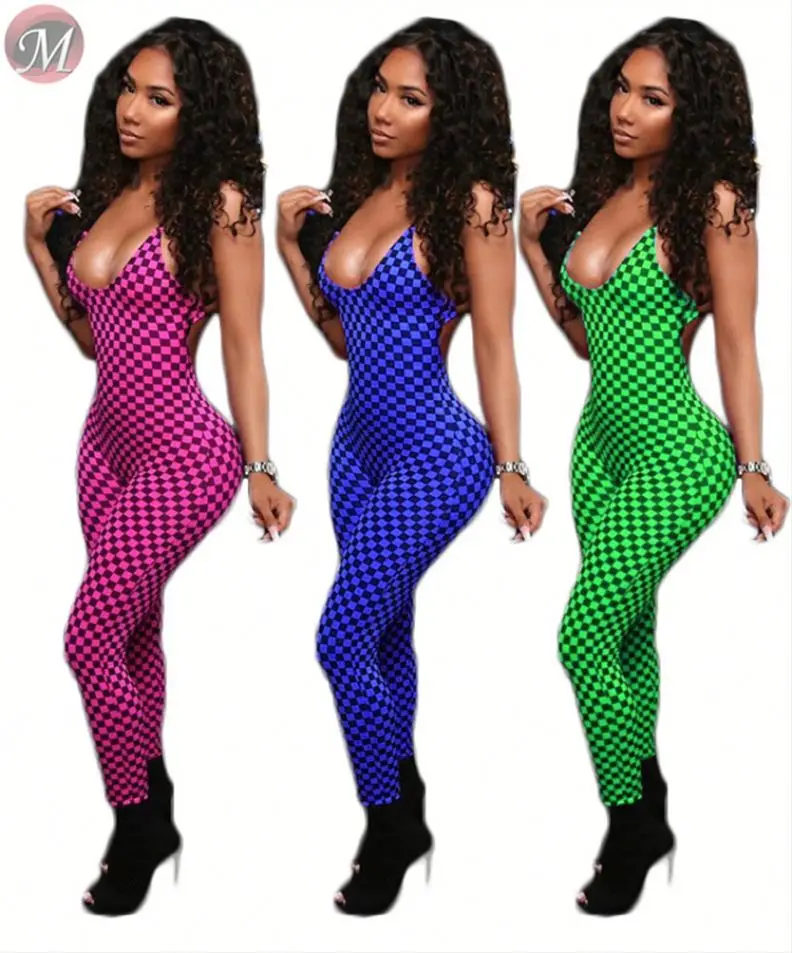 9060521 queenmoen new sexy backless one piece club wear plaid bodycon jumpsuit