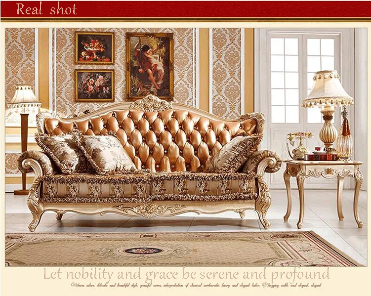 high quality European antique living room sofa furniture genuine leather set p10084