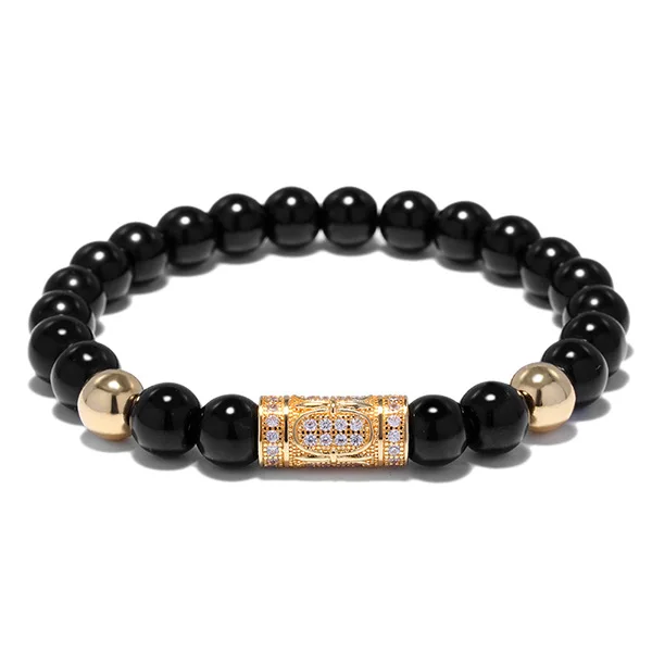 

Hot Trendy 8mm Natural Black Onyx Bead Bracelet Micro Pave Clear CZ Column Tube Charm Bracelet, Gold;black;rose gold;silver