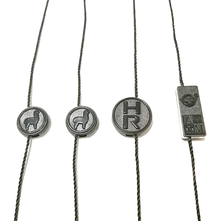 

Black embossed company logo plastic string tag lock for garment hang tags, Pantone color