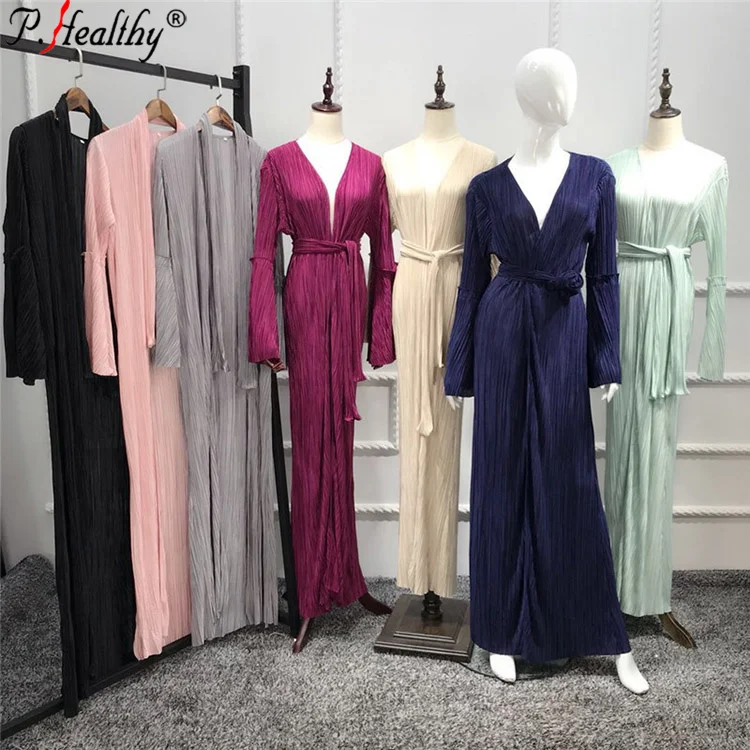 

PH new fashion folding Plaid horn sleeve Muslim fashion Dubai plain cardigan Robe