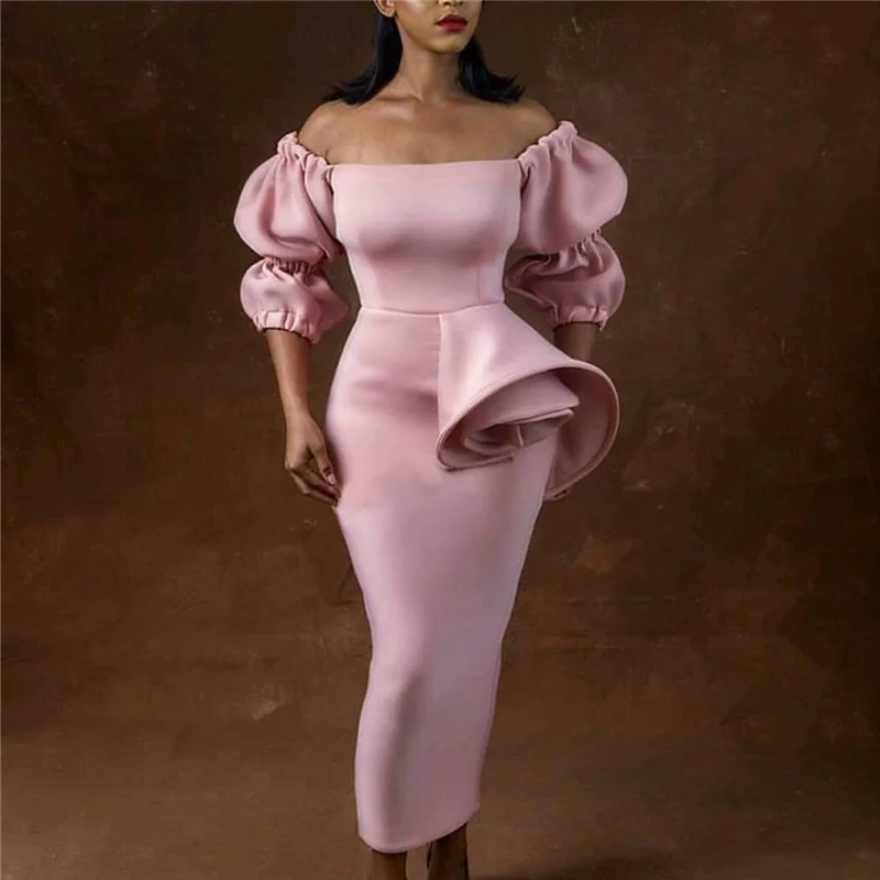 

Pink Elegant Vintage Off Shoulder Half Lantern Sleeve Prom Dress Women