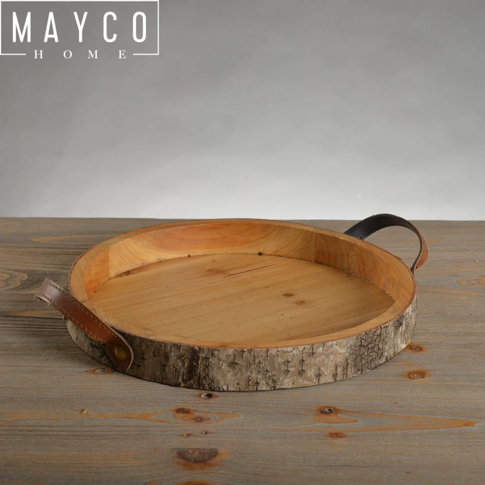 Mayco Antique Round Wooden Serving Tray With Handles For Kitchen