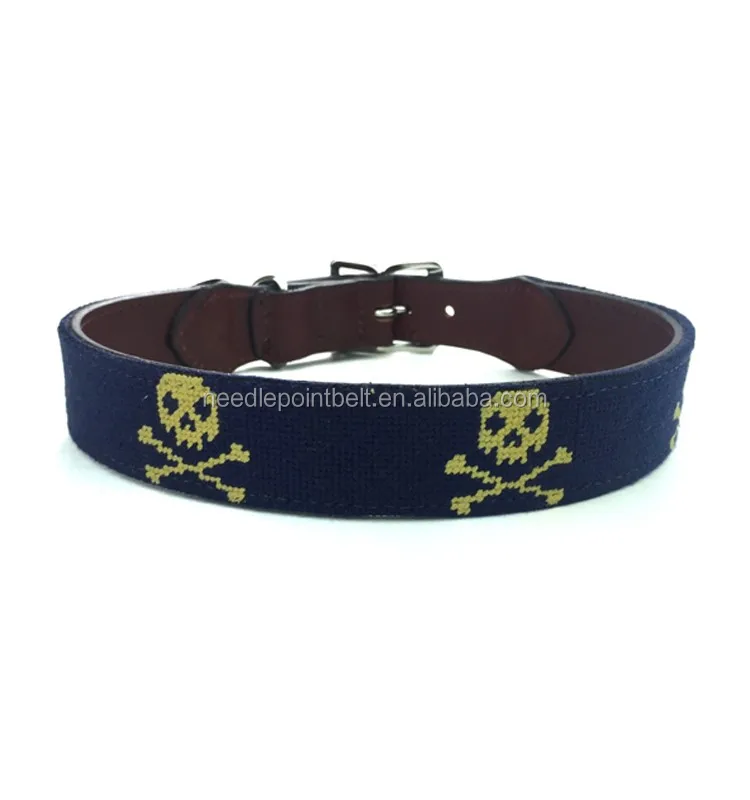 Ashley Handicrafts  Skull Navy and Gold Needlepoint Dog Collar1.jpg