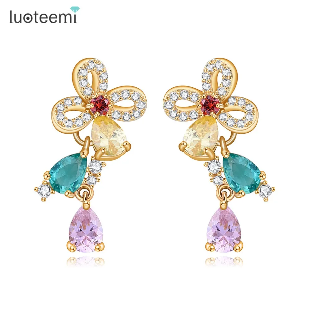 

LUOTEEMI New Design Luxury Champagne Gold Plated Fashion Women Christmas Gift Flower Stud Multi CZ Earrings