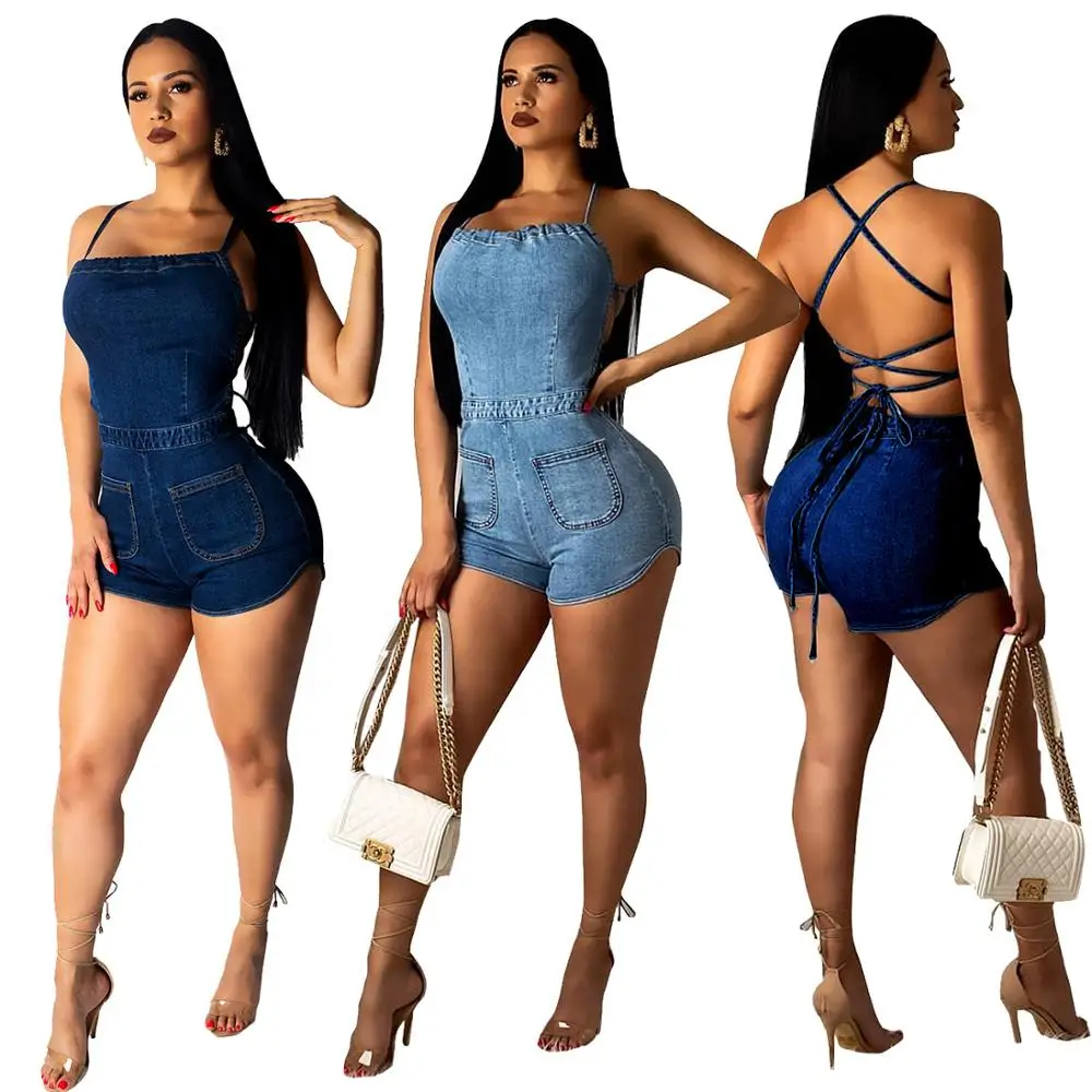 

9032111 2019 Summer bind open back denim women jumpsuits and rompers