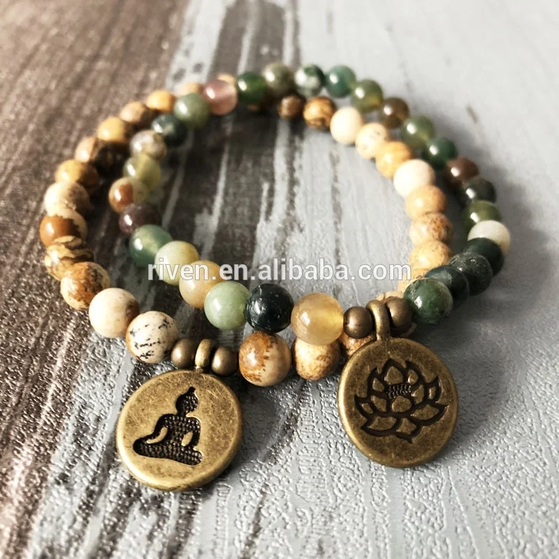 

SN0848 Buddha Lotus Mala beads bracelet healing Jasper bohemian meditation Agate stone bracelet Mala beads 6MM jewelry, As picture