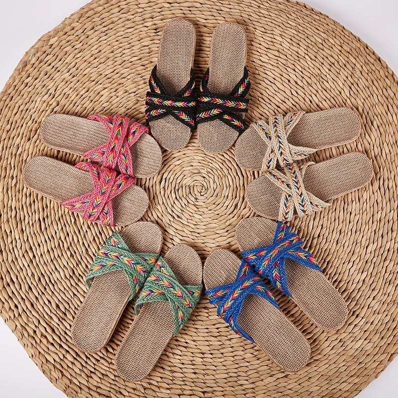 

summer stock new model woman and man straw linen fashion beach slipper sandals