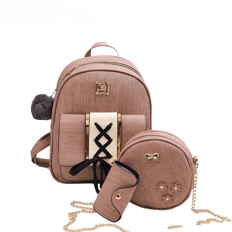 

Fashion 3 piece Set School Bags PU Leather Backpack For Women Girl, Black