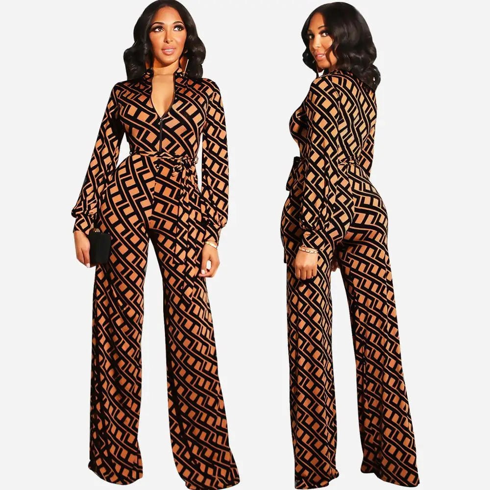 

3593 sexy long sleeve Both sides wide leg floral jumpsuit, Brown;blue;wine red