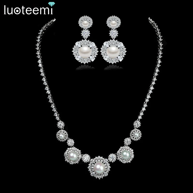 

LUOTEEMI New Luxury White Shell Pearl Fancy Bridal Evening Party Wedding Jewelry Sets, N/a