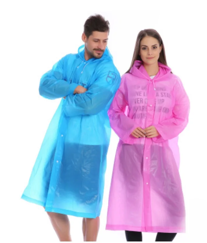 

Custom Logo Printed Recyclable Adult Waterproof Hooded EVA Plastic Raincoat jacket Unisex Cheap Non Disposable Poncho Raincoat, Blue/pink/yellow/green/violet/white/gray/black