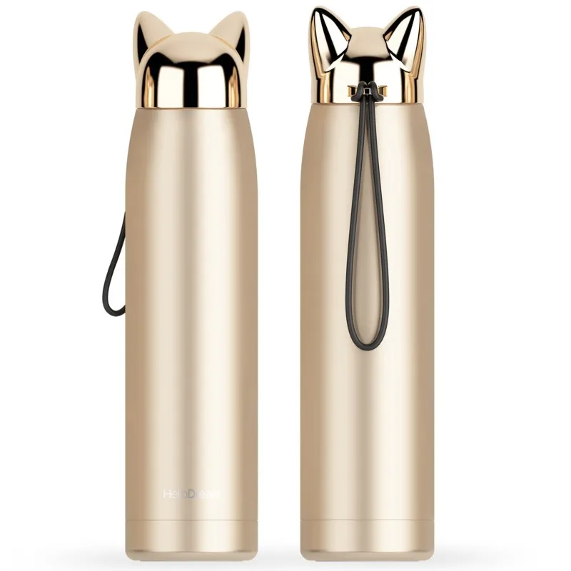 

Double Wall Thermos Bottle Stainless Steel Vacuum Flasks 320ml Cute Cat Fox Ear Thermal Coffee Tea Milk Travel Mug, Gold/ black