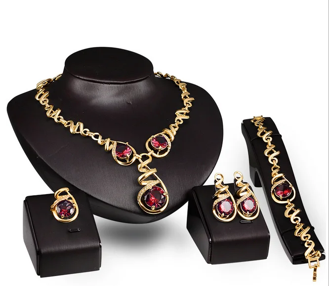 

Same Star Letter With Red Stone Style Gold Plated African Wedding Necklace Ring Earring Bracelets Jewelry Sets 4Pcs for Women