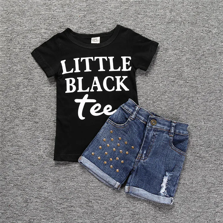 

Children's Clothing Stores 2 Pieces Black T-shirt + Jeans Shorts Little Baby Girls Clothes Set, As picture