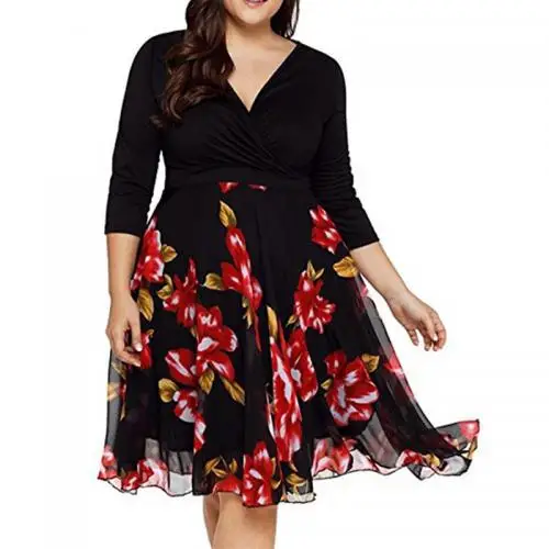 

246957 online wholesale fashion three quarter sleeve high waist printed floral fat women plus size dress pattern