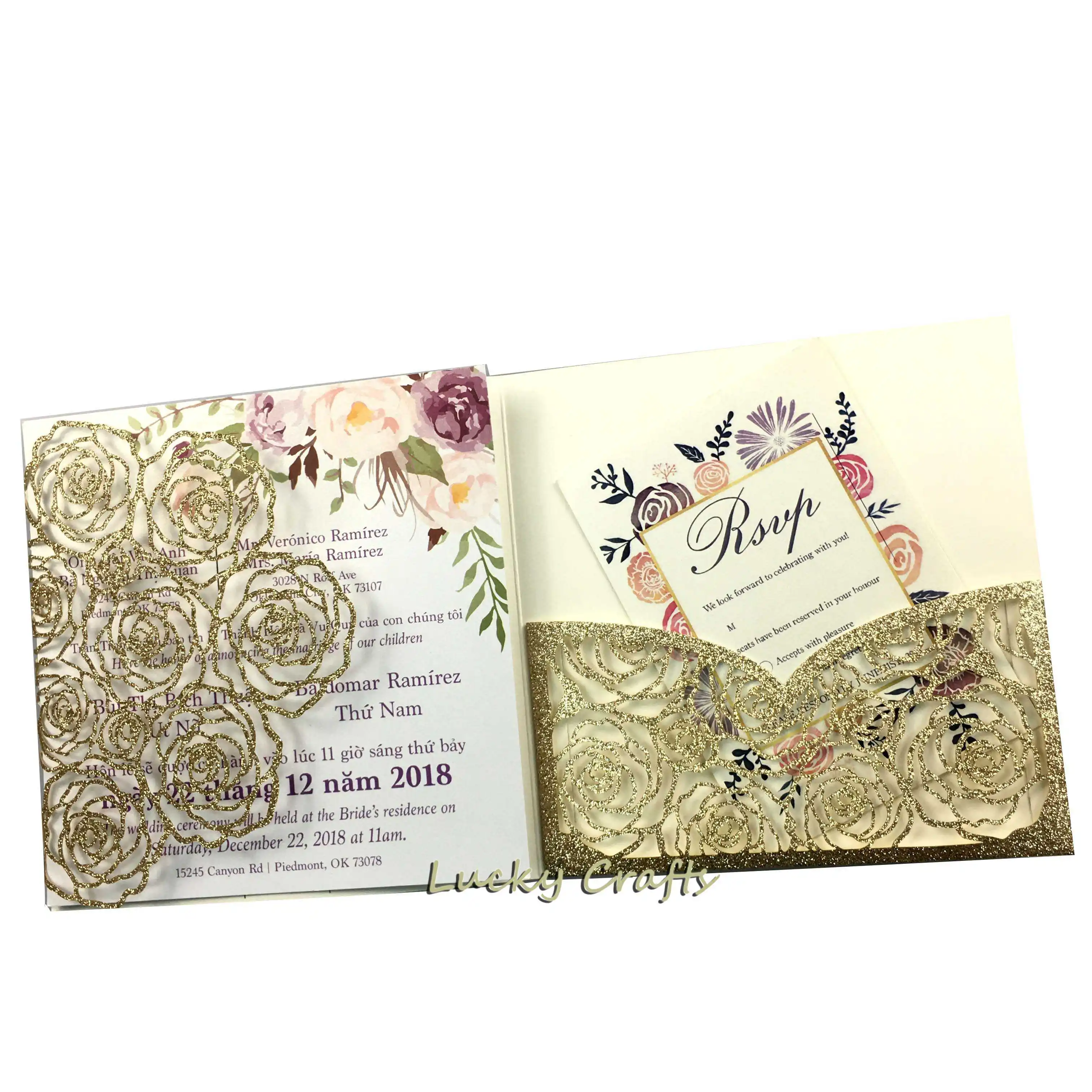 

Laser Cut Flower gold glitter paper Wedding Invitations card Square trifold Cards Greeting Gift Pocket fold invite cover party