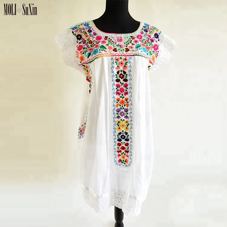 

MOLI Mexican Embroidery Dress Floral Ethnic Bohemian Vintage Midi Peasant Dress