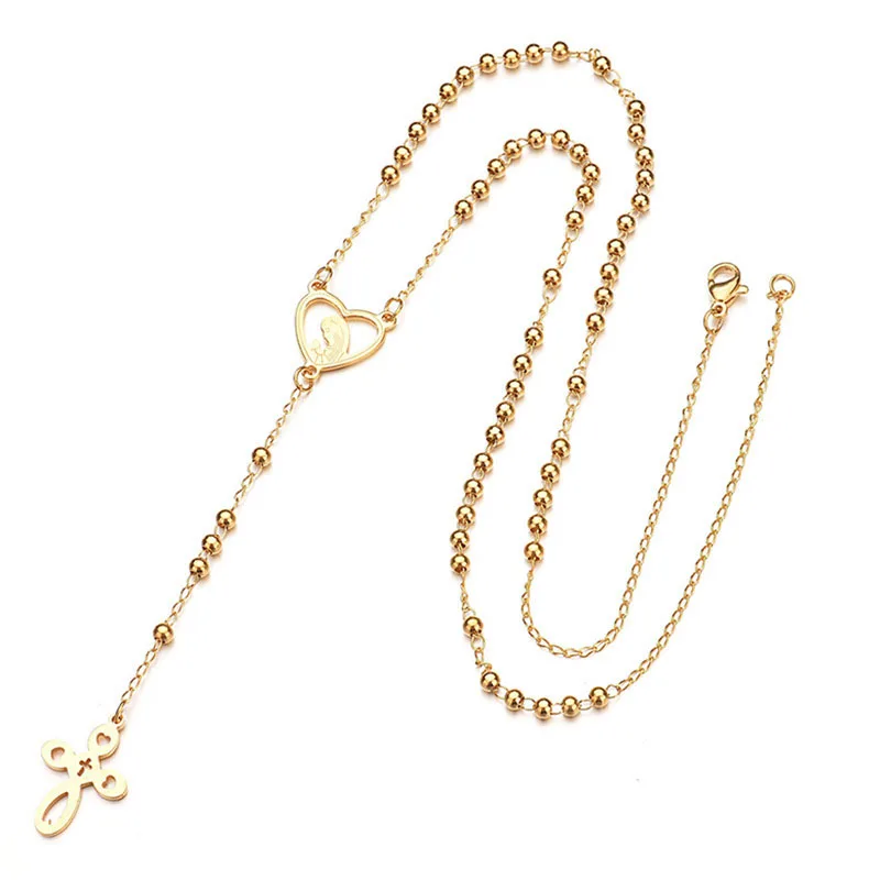 

Virgin Mary Catholic Religious Gold Chains Plated Fashion Long Stainless Steel Necklaces Rosary Jewelry NZC004