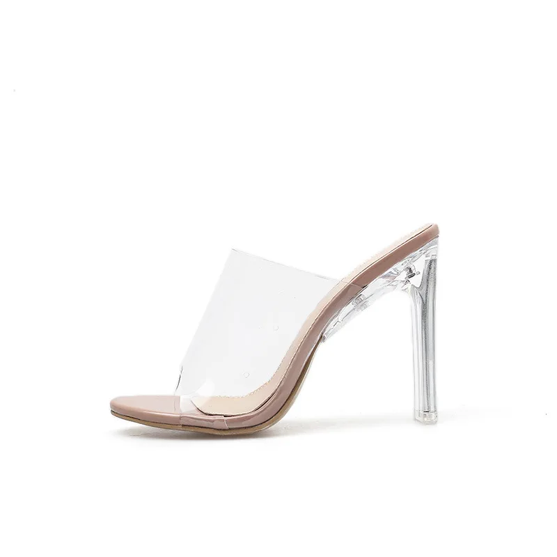 

women transparent perspex sexy 12cm block heel sandals 2019 latest mules ladies summer peep toe pvc slides shoes clear heels