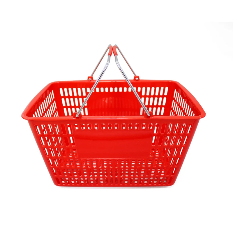 

wholesales 30L custom colors red black blue durable supermarket shopping plastic basket with metal handles storage basket