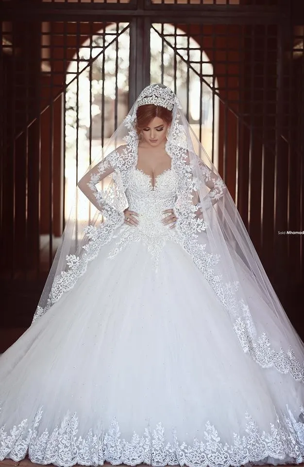 Long Sleeves Lace Ball Gown Wedding Dresses Chapel Train Amazing Long Sleeves Lace Ball Gown Wedding