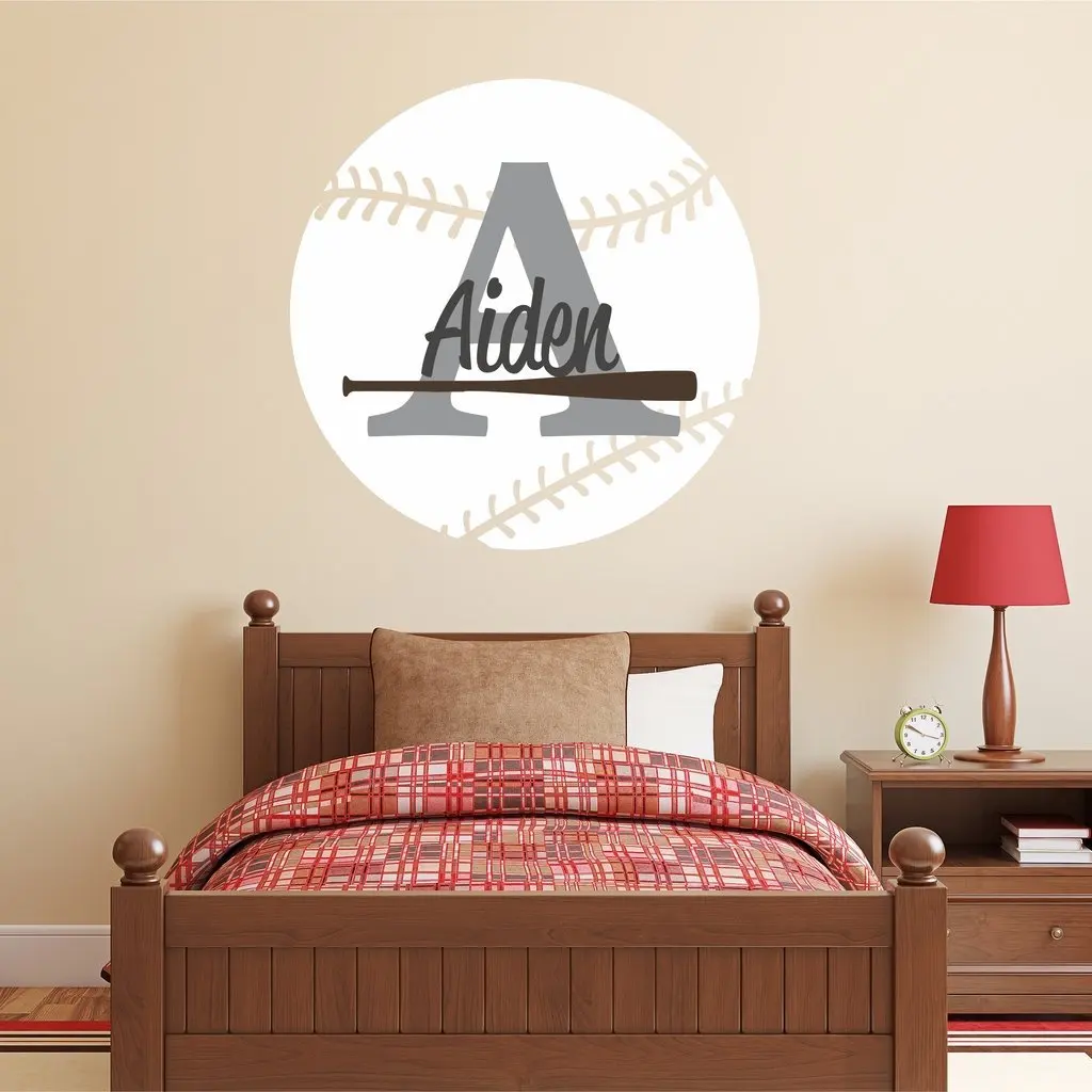 Nursery Wall Decals Baseball Name and Initial Personalized Name Wall Decal 36" by 36", Boys or Girls Nursery Sports Decals, Baseball Wall Decals, Sports Wall Stickers, PLUS FREE HELLO DOOR DECAL