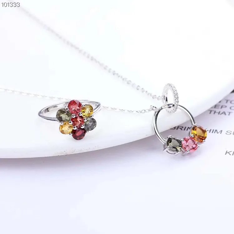 

fashion jewelry set 925 sterling silver natural tourmaline pendant necklace adjustable ring colorful flower shape jewelry sets