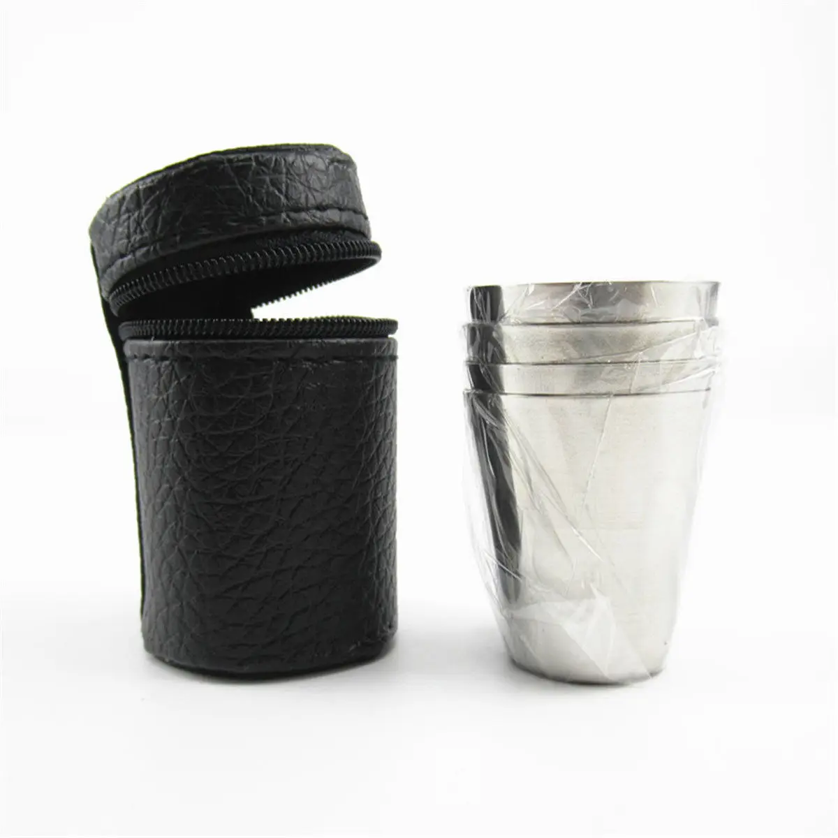 

Portable Travel Drinking Cups Shot Glass with Black Leather,Stainless steel mini wine cups with custom logo,cheap shot glass